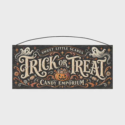 Trick or Treat Candy Emporium Wood Sign, 7×16