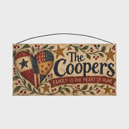 Personalized Family Is the Heart of Home Patchwork Heart & Stars Wood Sign – Custom Family Name, 7×14