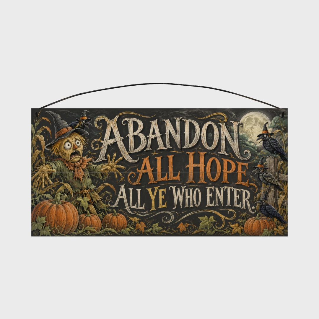 Abandon All Hope All Ye Who Enter Scarecrow 7x14 wood sign rotating view