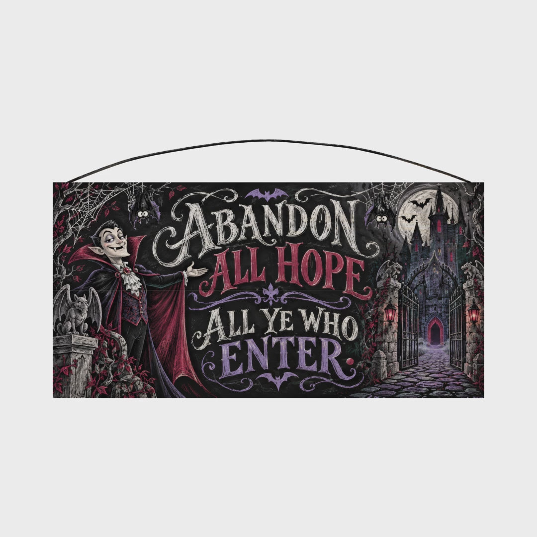 Abandon All Hope All Ye Who Enter Vampire Castle 7x14 wood sign rotating view
