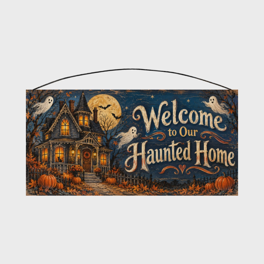 Welcome to Our Haunted Home 7x14 wood sign, rotation video
