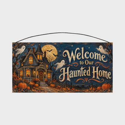 Welcome to Our Haunted Home 7x14 wood sign, rotation video