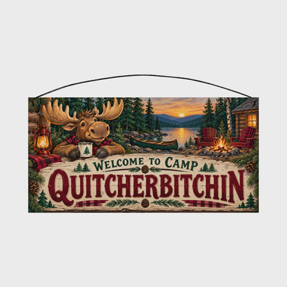 Welcome to Camp Quitcherbitchin Plaid Moose Wood Sign, 7×14