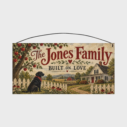 Personalized Built on Love Farmhouse & Black Dog Wood Sign – Custom Family Name, 7×14