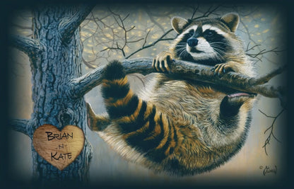 This video shows a raccoon clinging to a tree limb, with a heart shape carved into the tree, personalized with two names.