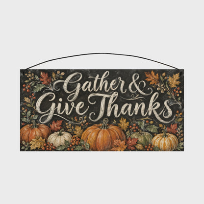 Gather & Give Thanks Pumpkin Harvest Chalkboard Wood Sign, 7×14