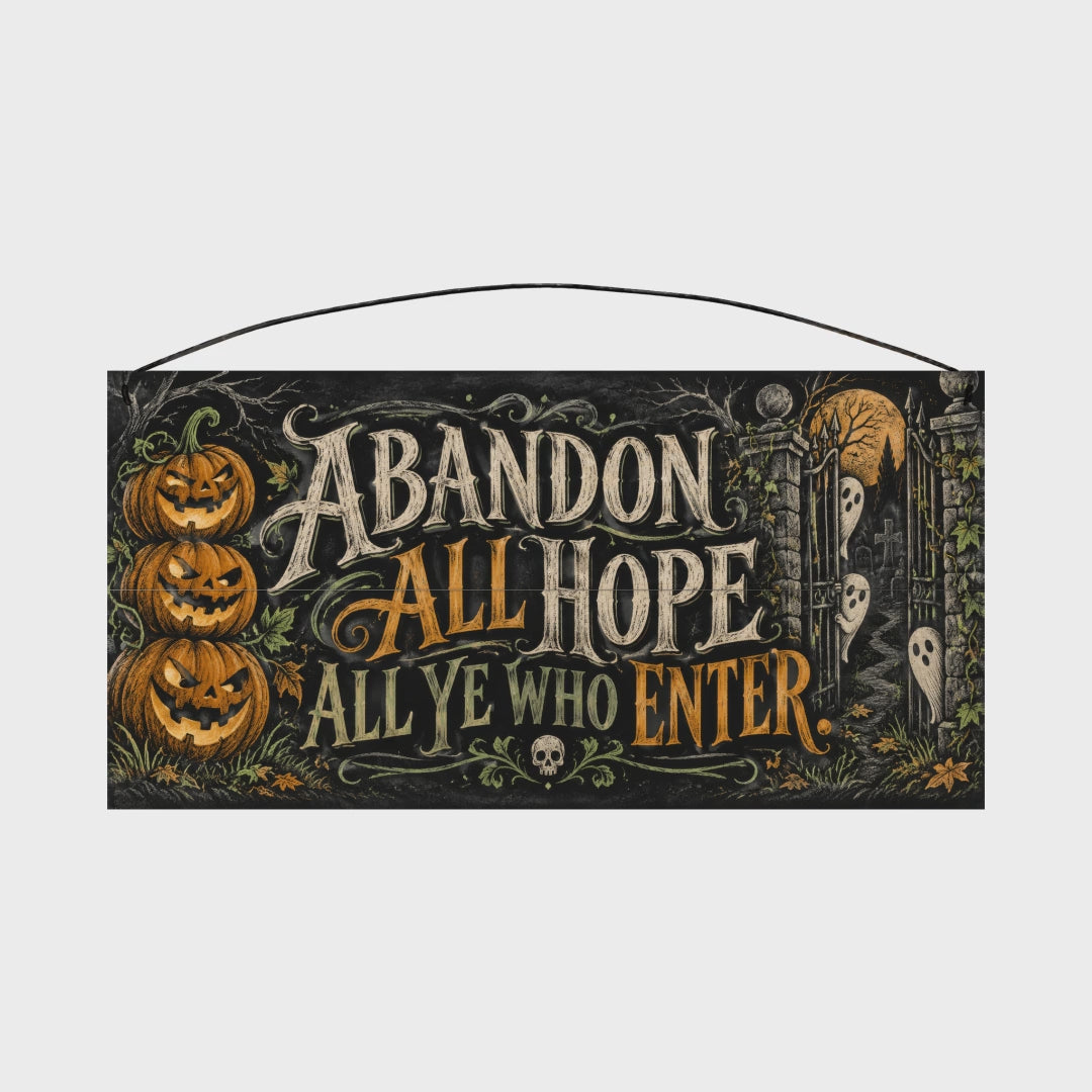 Abandon All Hope All Ye Who Enter Jack-o'-Lantern Cemetery 7x14 wood sign rotating view
