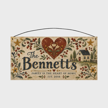 Personalized Family Is the Heart of Home Folk Heart & Berries Wood Sign – Custom Family Name, 7×14