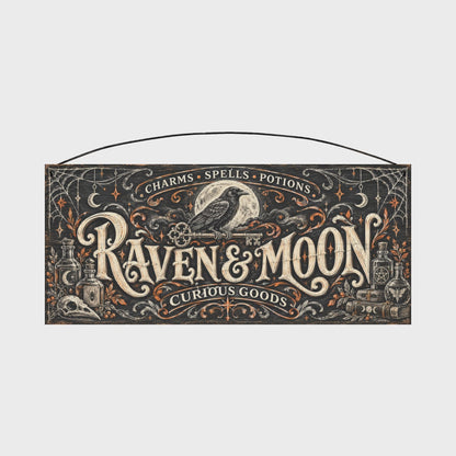 Raven & Moon Curious Goods Wood Sign, 7×16