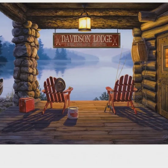 To the right of the porch, there's a well-used fishing rod leaning casually against the cabin wall, like someone just came in from the water.