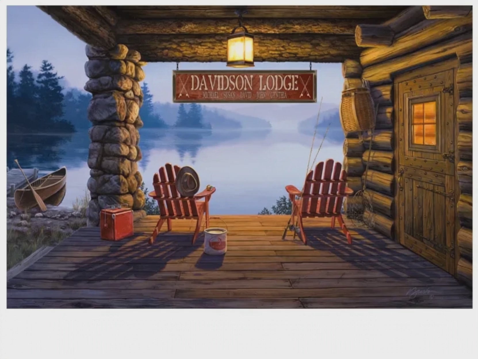 To the right of the porch, there's a well-used fishing rod leaning casually against the cabin wall, like someone just came in from the water.