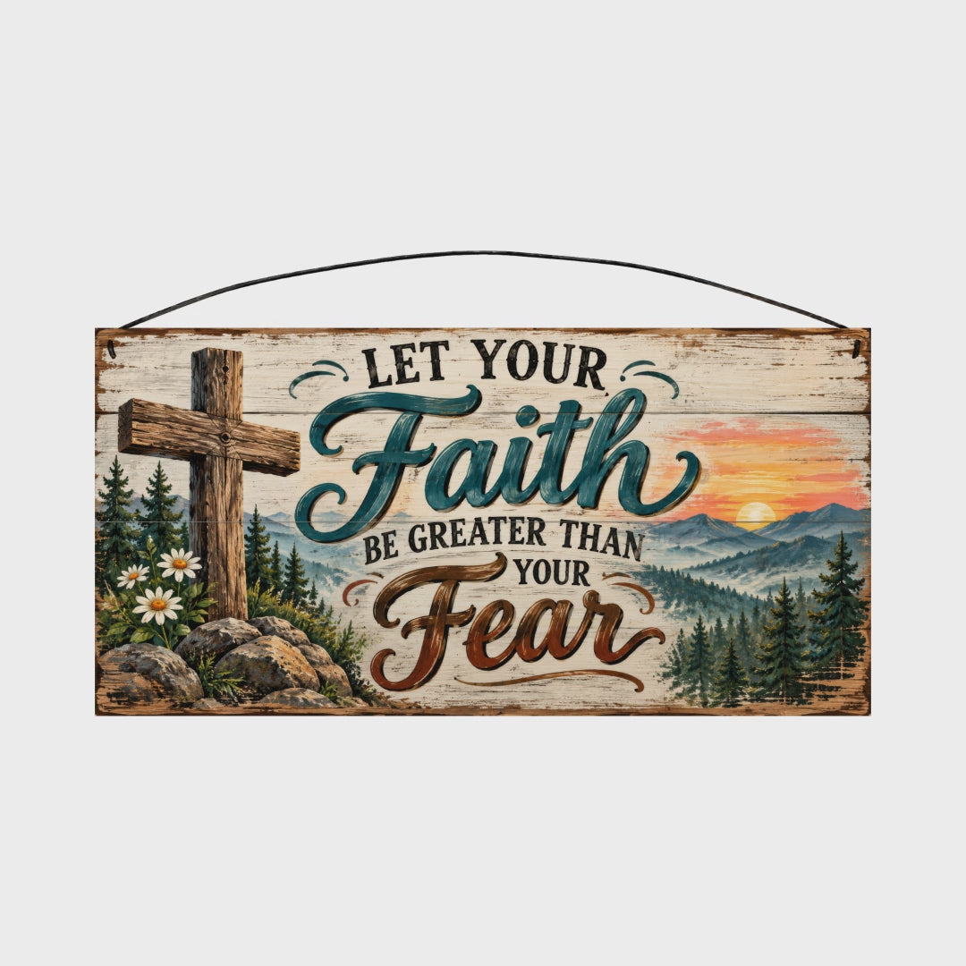 Let Your Faith Be Greater Than Your Fear Teal Script Mountain Sunset 7x14 wood sign rotating front to back