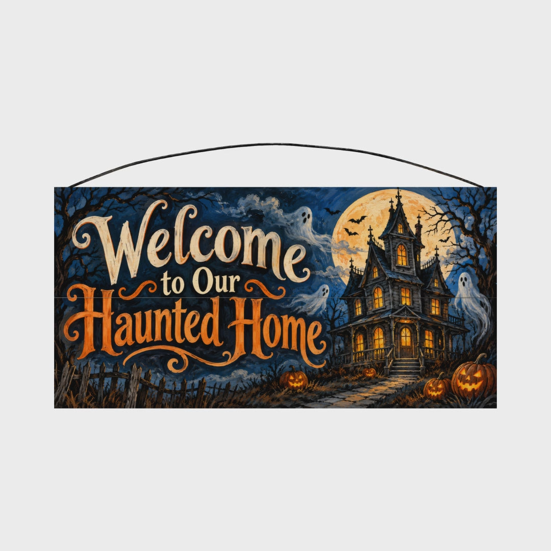 Welcome to Our Haunted Home 7x14 wood sign, rotation video