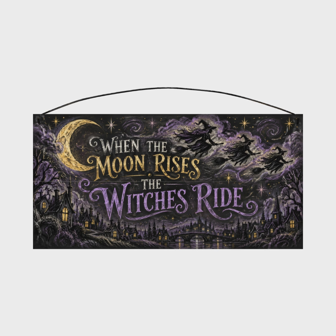 When the Moon Rises the Witches Ride 7x14 wood sign rotating view