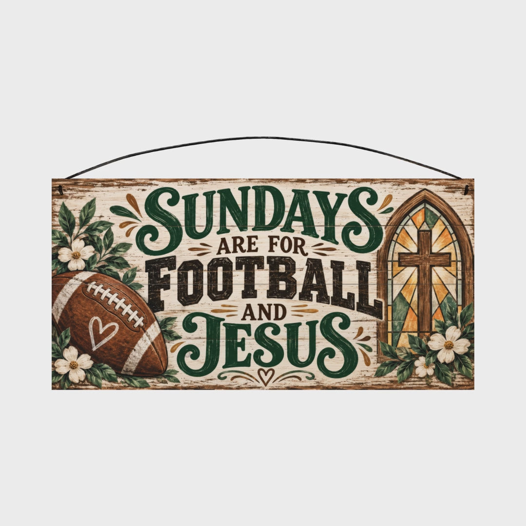 Sundays Are for Football and Jesus Stained Glass Cross 7x14 wood sign rotating front to back