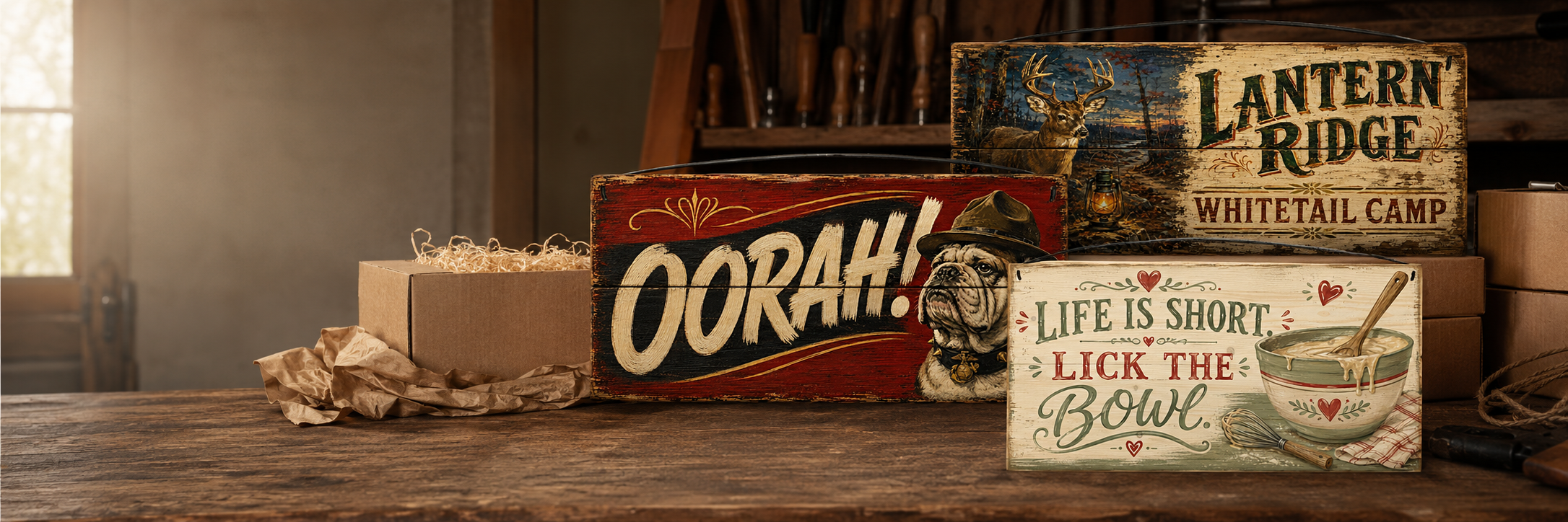 Sawyer's Mill real wood signs displayed in a Tennessee workshop