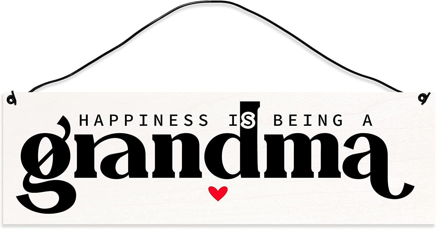 Sawyer's Mill - Happiness is Being a Grandma. Handmade Wood Sign. Wire Hanger Also Serves as a Stand. UV Printed Reclaimed Maple Slats. 2.5x8 inches. Made in Tennessee.