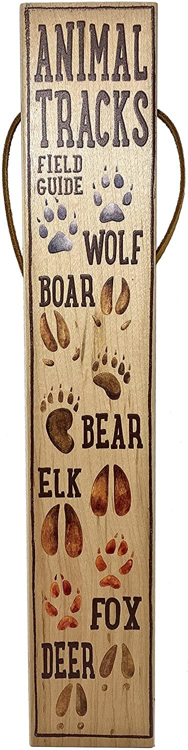 Animal Tracks Field Guide Woodland Themed Nursery Décor Wood Sign. Measures 2.5 x 14 inches and hand-crafted from Solid Inch Thick Maple with a Genuine Leather Strap for Hanging.